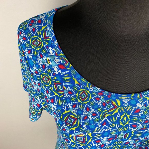 LuLaRoe Classic T S Multicolor Blue Yellow Red White Patterned Top - Picture 3 of 7